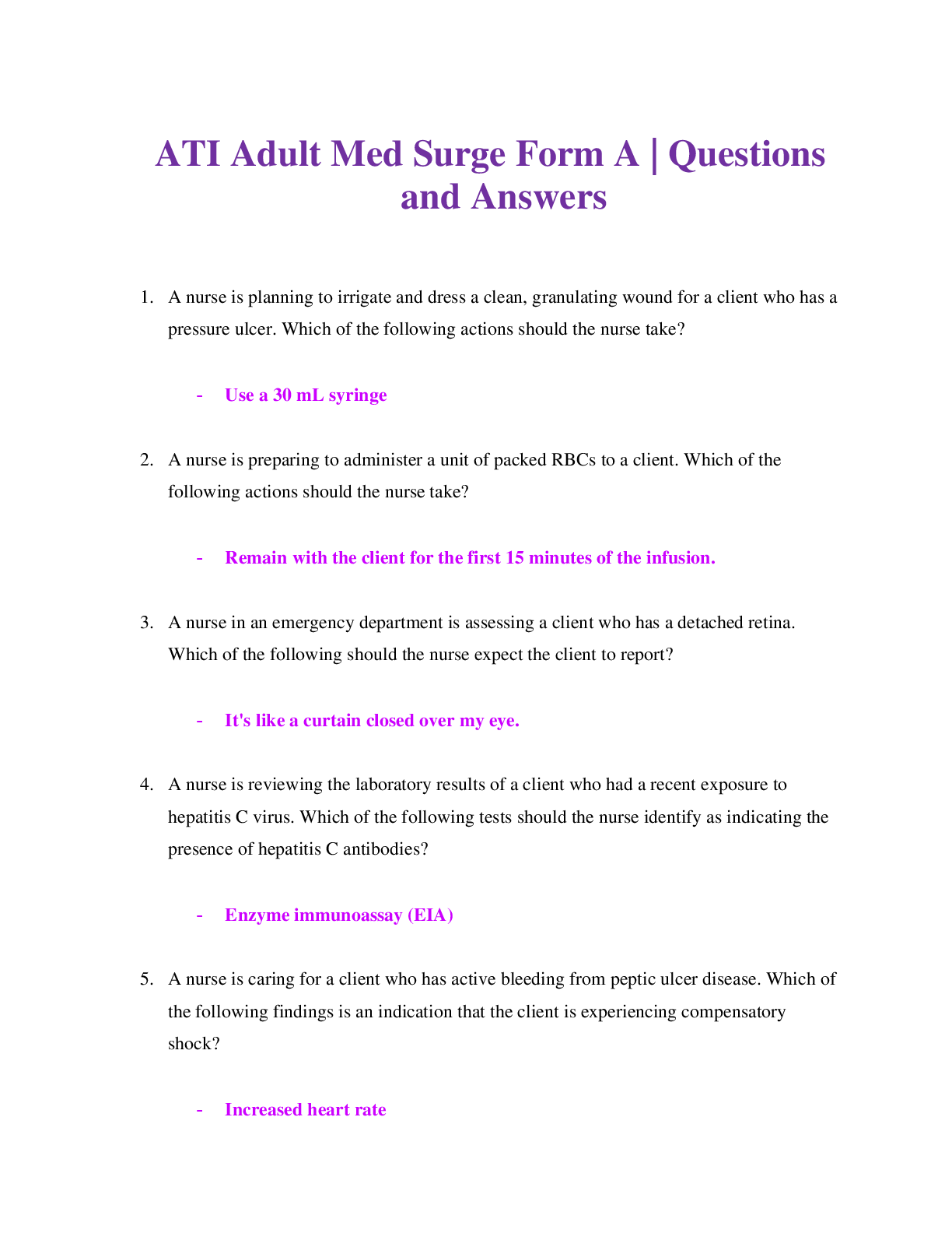 Preview of ATI Adult Med Surge Form A | Contains 90 Questions and Answers